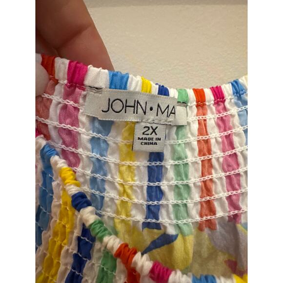 John Mark Abstract Wave Smocked Round Neck 3/4 Bell Sleeve Ruffled Tunic Sz 2X - Picture 4 of 6